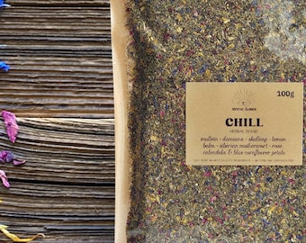 CHILL pre-ground herbal blend • ceremonial mix • damiana, skullcap, rose petals, calendula, lemon balm, blue cornflower