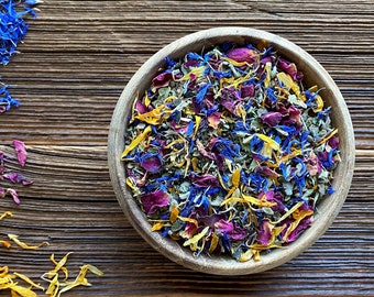 CHILL herbal blend • mood enhancer • herbal tea • marijuanilla, damiana, skullcap, rose petals, calendula, lemon balm, blue cornflower