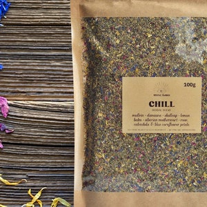 CHILL pre-ground herbal blend • mood enhancer • damiana, skullcap, rose petals, calendula, lemon balm, blue cornflower, Siberian motherwort