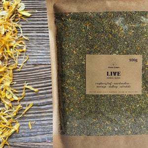 LIVE pre-ground herbal blend • feel-good everyday mix • with skullcap, raspberry leaf, marshmallow leaf, moringa, skullcap leaf, calendula