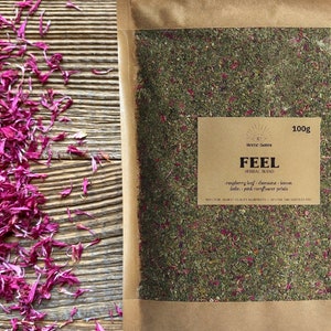 FEEL pre-ground herbal blend • relaxation • with damiana, raspberry leaf, lemon balm, damiana, pink cornflower petals