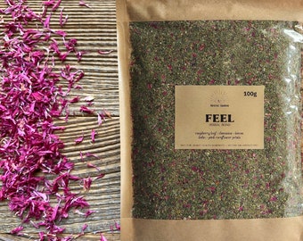FEEL pre-ground herbal blend • relaxation • with damiana, raspberry leaf, lemon balm, damiana, pink cornflower petals