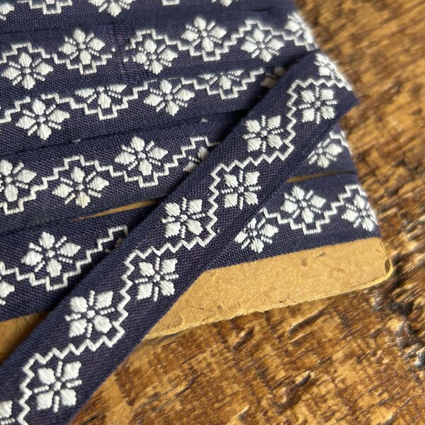 Lovely Scandi style vintage embroidered ribbon - Blue & white -Old shop stock - Mint condition! Made in France. 1cm wide. Sold by the metre