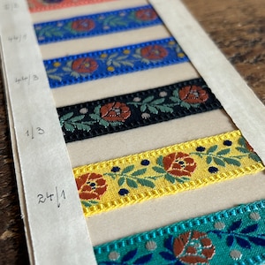 European folk ribbon salesman’s card vintage ribbon samples - Floral coloured embroidered designs. Perfect for framing. Sewist gift!