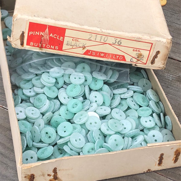 Vintage boxes of British buttons and snaps - Choose from aqua minty 2 hole buttons or clear snaps. In original boxes. Make your selection!