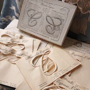 May include: A vintage box of Plumetis-Express embroidery stencils. The box is white with black lettering and illustrations of embroidered letters. The stencils are made of white paper and are labelled with the text "Plumetis-Express N.10".