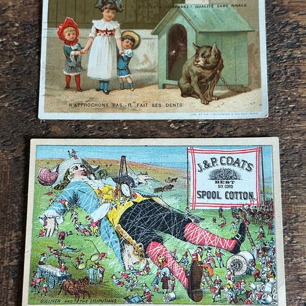 Duo of old original advertising cards: 1 x J&P Coats spool cotton and 1 x Chocolat Poulain. Highly collectible! Stunning graphics. VGC