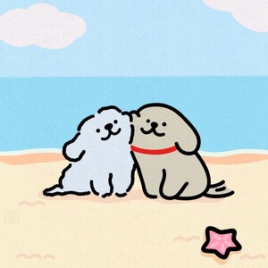 Simple Kawaii Dogs at the Beach Wallpaper | Cute Minimal Dog Background for Phone | Two Dogs at the Beach – Kawaii iPhone Wallpaper