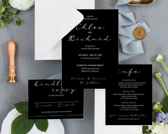 ANITA | Black Wedding Invitation Suite Template, Calligraphy Wedding Invitation, RSVP Card, Information Card, Editable, Printable Invites