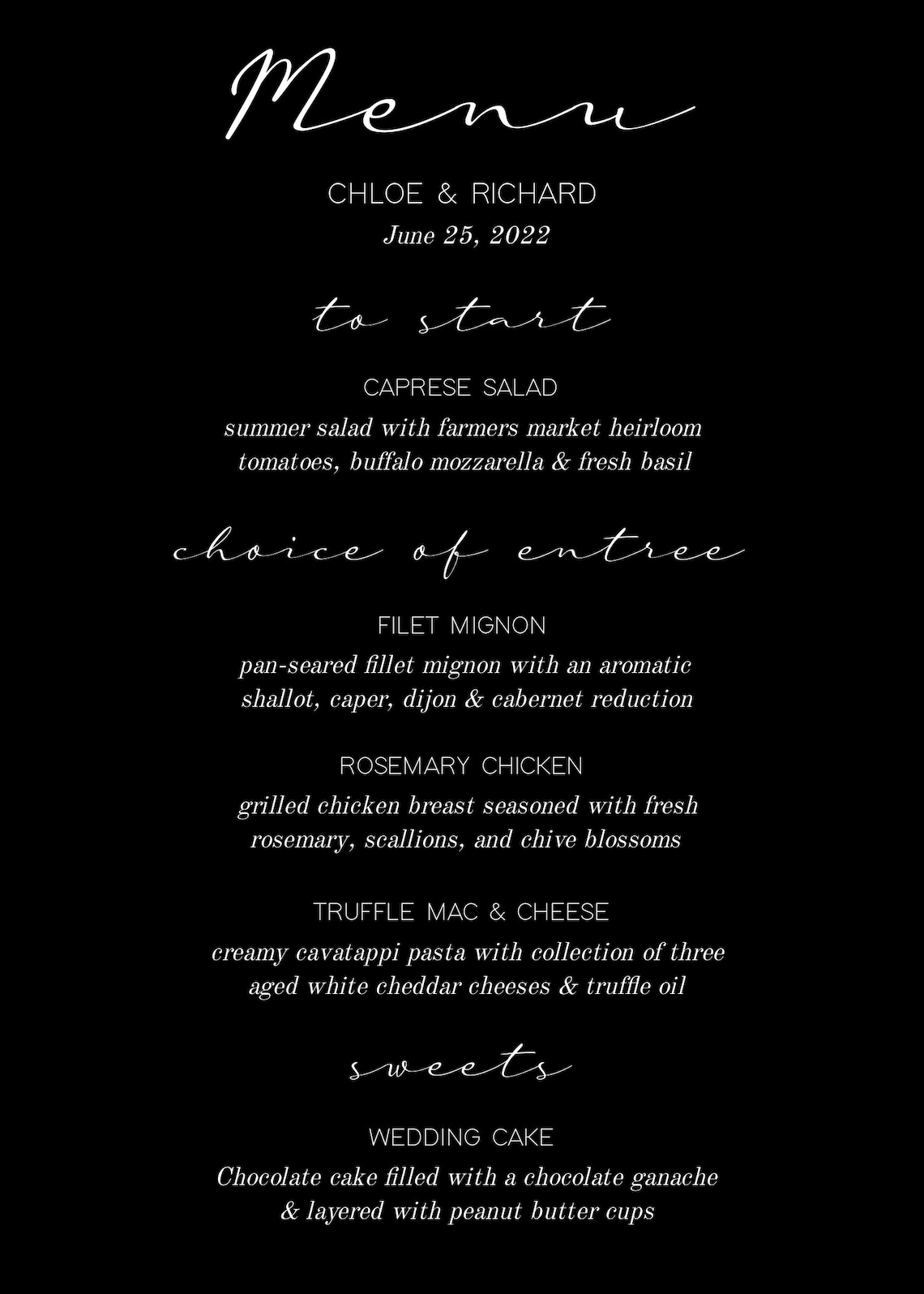 ANITA Wedding Menu Card Template Classic Black Menu Editable