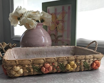 Vintage Boho Basket With Flowers - Boho Home Decor Rectangle Basket Tray Kitchen Table Catch All Pink Yellow Orange Brown