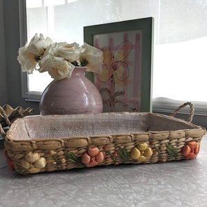 Vintage Boho Basket With Flowers - Boho Home Decor Rectangle Basket Tray Kitchen Table Catch All Pink Yellow Orange Brown