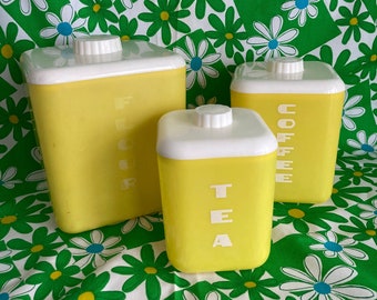 Retro 50's Plastic Container Set - 3 Piece Yellow 1950s Plastic Flour Coffee Tea Nesting Containers Kitchen Storage Vintage Home Decor