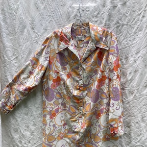 Vintage Mod Paisley Floral Shirt Dress - Button Up Long Sleeve Patterned Purple Pink Orange 1960s 1970s Tunic Top Blouse House Dress