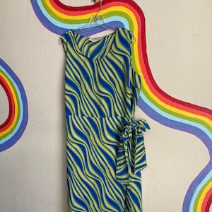 Funky Green and Blue Sleeveless Dress - 1990s Summer Ankle Length Maxi Faux Wrap Dress Top Secret USA Size 2x Flowy Colorful Vintage Dress