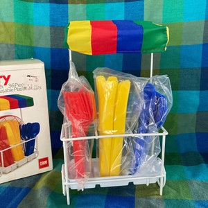 1980s Cutlery Cart - Vintage Picnic Set 36 Plastic Utensil Cutlery Knives Forks Spoons Case Caddy Cookout BBQ Lunch Umbrella Fun Party Decor
