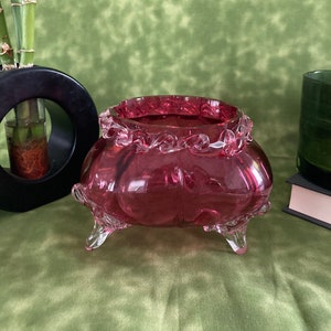 Vintage Pink Glass Footed Bowl - Decorative Art Glass Pink Catch All Candy Candle Potpourri Dish Rare Bright Pink Color Glass Bowl