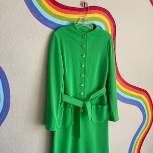 Vintage Green Knit Button Front Dress with Belt - Bright Green MCM 1960s 1970s Style Long Sleeve Dress Homemade With Pockets