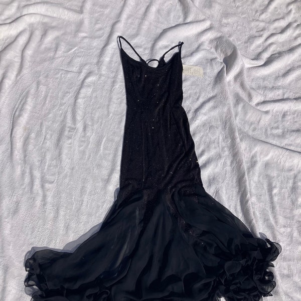 Vintage Black Formal Dress - Vintage Elissa Black Sparkly Gown Ruffle Sheer Lace Up Size Medium Sleeveless Prom Homecoming New Years Party