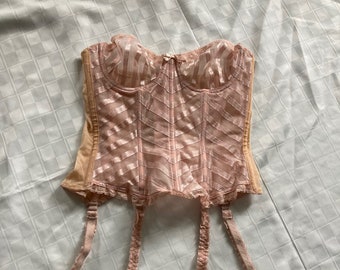 Vintage 34C Lily of France Bustier - Gloria Falla Pale Pink Lace Mesh Striped Corset Lingerie Top Garter Straps Sexy Intimate Made in USA