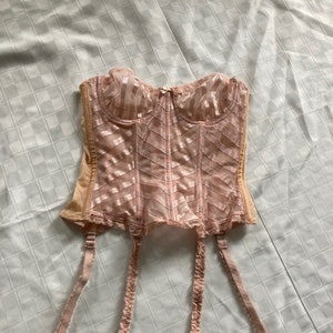 Vintage 34C Lily of France Bustier - Gloria Falla Pale Pink Lace Mesh Striped Corset Lingerie Top Garter Straps Sexy Intimate Made in USA