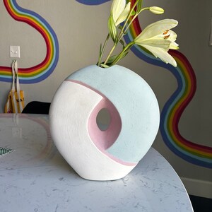 Postmodern Style Southwestern Pottery Vase - Donut Vase Pottery Vase Southwestern Vase Pastel Vase Postmodern Vase Blue and Pink Vase