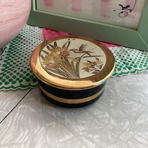 Vintage Art of Chokin Trinket Box - Black and Gold Jar Hummingbird Lillies Ring Dish Made in Japan Japanese Chokin Art Flowers Bird Dish