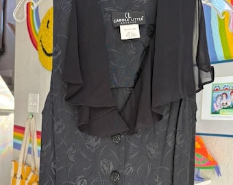 Vintage Black Carole Little Dress- Long Black Sleeveless Button Front Dress Chiffon Trimmed Dress Formal Black Dress Black Cocktail Dress