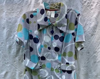 Funky Retro Blue Polka Dot Dress - Vintage 1960s 1970s JCPenney Made in USA Mod Zip Up Short Sleeve Collared Mini Dress Spring Summer Outfit