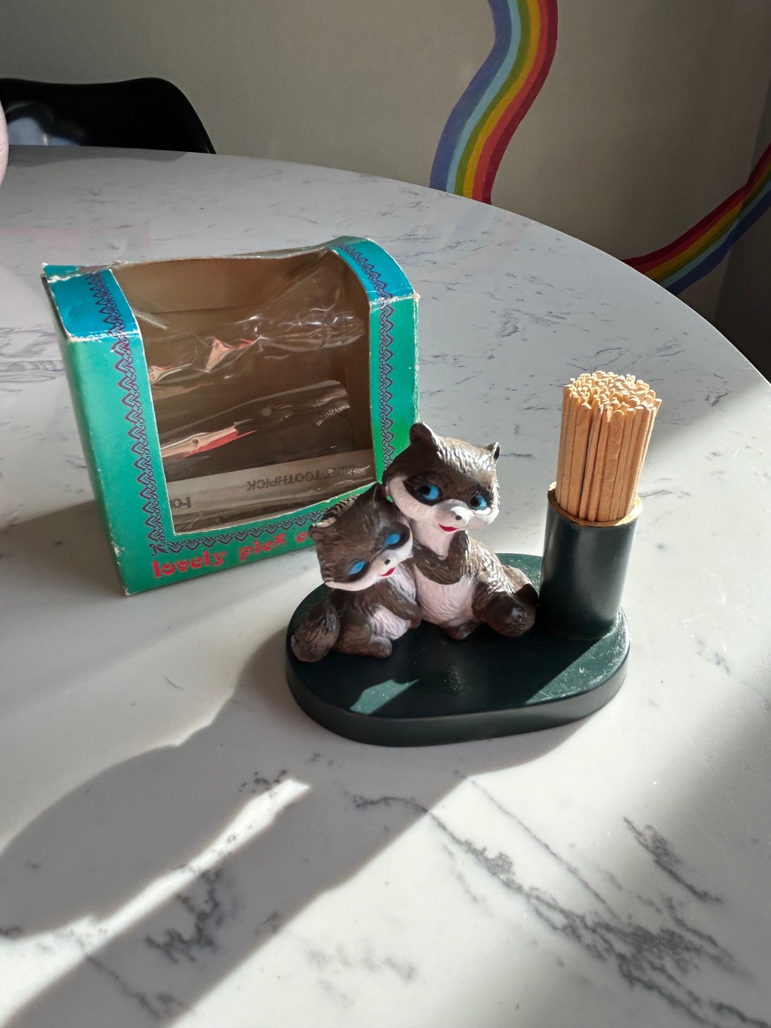 Cute Raccoon Toothpick Holder Vintage Plastic Animals We Love Each
