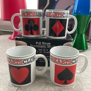 Set of 4 Playing Card Suit Mugs - Poker Night Full House Game Night Texas Hold&#39;em Spade Clubs Coffee Tea Cup Set Vintage JSNY