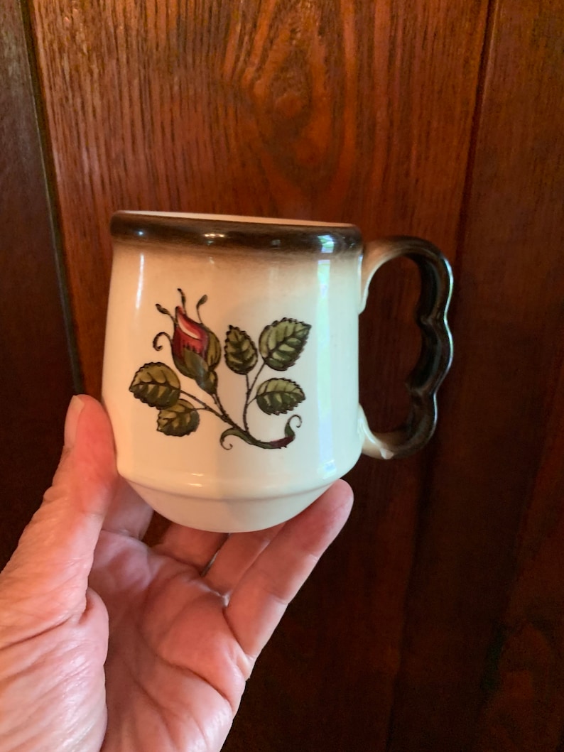 May include: A white ceramic mug with a brown rim and handle. The mug has a floral design with a single rose and leaves in shades of green and red.