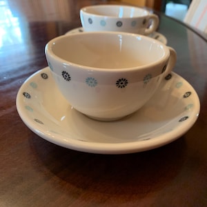 MCM Coffee Cups and Saucers- Set of 2 Vintage Homer Laughlin Pale Blue And Black Flowers Cups Saucers Midcentury Diner 1950s style drinkware