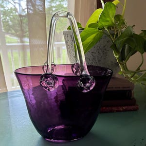 Purple Glass Purse Vase - Glass Purse Vase Housewarming Holiday Hostess Gift Bouquet Flower Vase Purple Glass Basket With Handles Vase