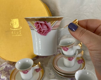 12 Piece Gold Floral Espresso Coffee Tea Set - CC&T 1980s