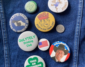 Funny Vintage Pinback Buttons - 70's 80's Pins Vintage Dallas J.R Ewing for President We're All Whirlies Mafia Cowboy Irishman Drinking Club