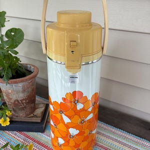 Vintage Diamond Air Pot- Beverage Dispenser Thermal Beverage Dispenser Orange Flower Hot Cold Beverage Dispenser Pump Dispenser 1970 Air Pot