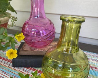 Vintage Textured Glass Vase- Lime Green Pink Vase Criss Cross Textured Pattern Glass Vase Small Bouquet Vase Round Bottom Vase