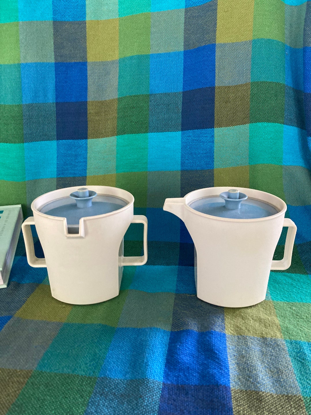 Vintage Tupperware Creamer and Sugar Button Seal Cream Blue Retro Kitchen Plastic Made in the