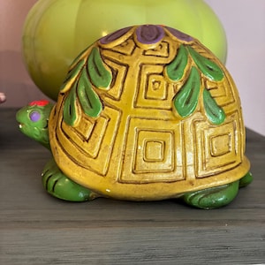 Funky Turtle Bank - Vintage Green Purple Pink Turtle Bank Colorful Coin Bank Made in Japan Flower Power Turtle Bank 1970s Home Decor