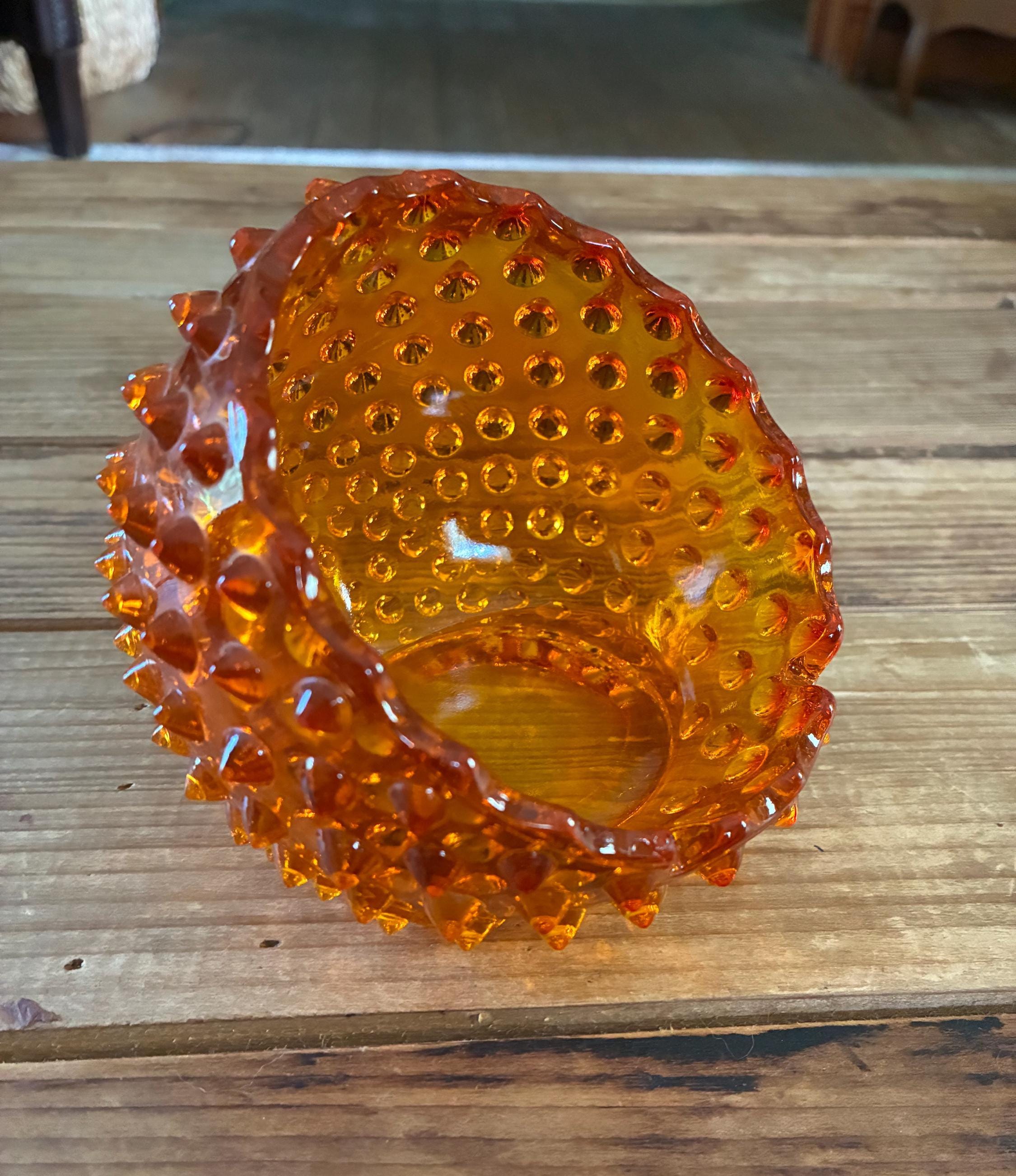 Vintage Orb Ashtray- Fenton Golden Amber Hobnail Orb Ashtray 1970s