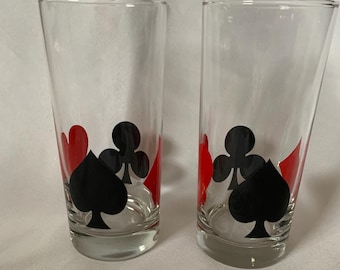 Poker Bar Glasses- Set of 2 Playing Card Suit High Ball Beer Glasses Diamond Spade Club Heart Casino Game Night Black Red Poker Bar Glasses