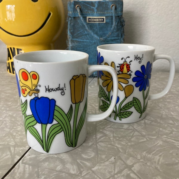 Set of 2 Retro Floral Coffee Cups - Vintage Tulip Daisy Lady Bug Butterfly Hey Howdy Cute Kitsch Coffee Tea Mugs 1970s Flower Power Kitchen