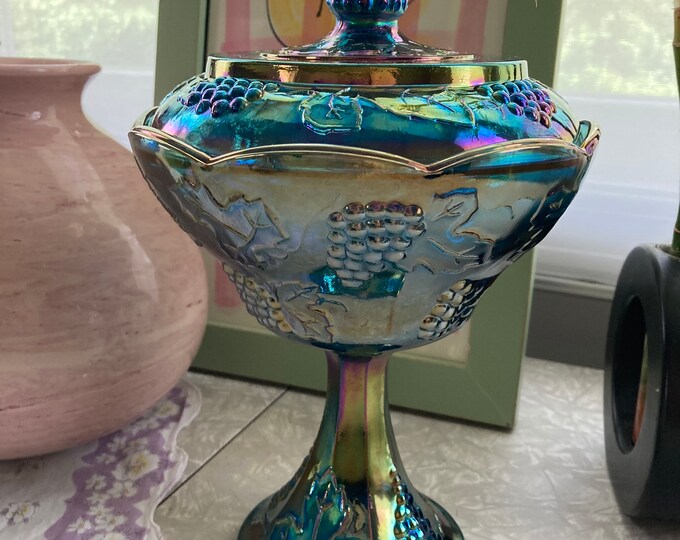 Blue Carnival Glass Candy Dish With Lid 1970s Vintage Indiana Etsy