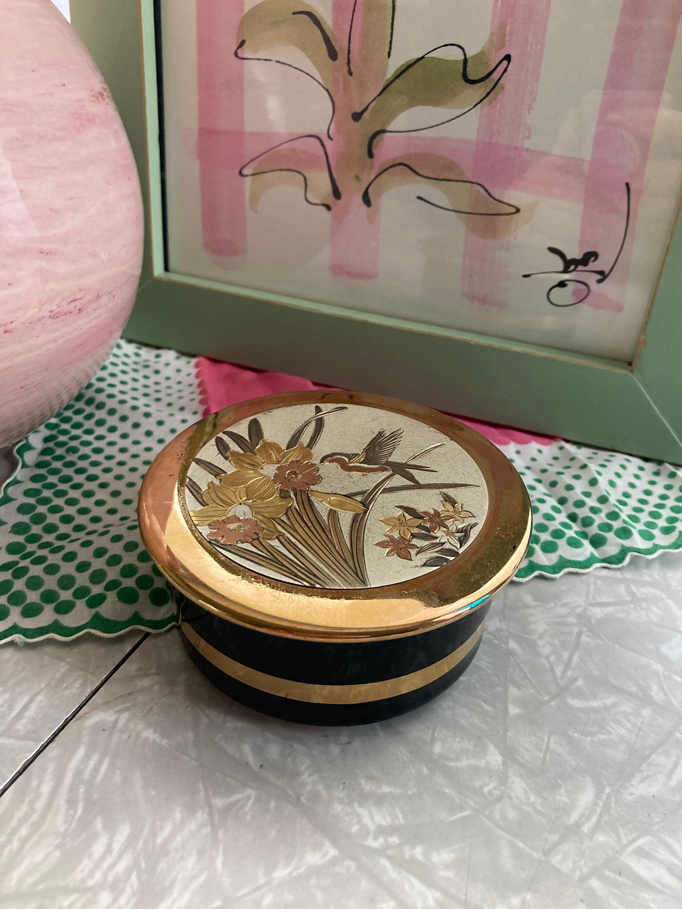 工芸品、壺 Vintage Art of Chokin Trinket Box - Black and Gold Jar