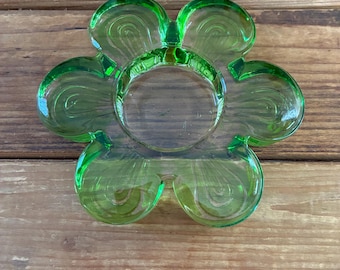 Daisy Votive Candle Holder - 1990's Green Glass Flower Power Candle Holder