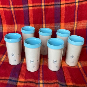 7 Plastic Starburst Tumblers - Vintage Atomic Starburst Insulated Drink Tumbler Glasses Made in USA 1950's Rare Light Blue Midcentury Modern