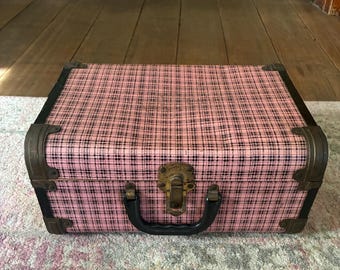 Vintage Train Case- Metal Lithograph Tartan Plaid Carrying Case