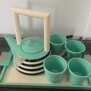 1983 Art Deco Tea Pot Set- Art Deco Tea Pot and Cups 1983 Tea Pot set Tea Pot and Tray set Funky Tea Pot set Art Deco kitchen set 1983 Tea
