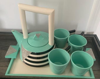 1983 Art Deco Tea Pot Set- Art Deco Tea Pot and Cups 1983 Tea Pot set Tea Pot and Tray set Funky Tea Pot set Art Deco kitchen set 1983 Tea